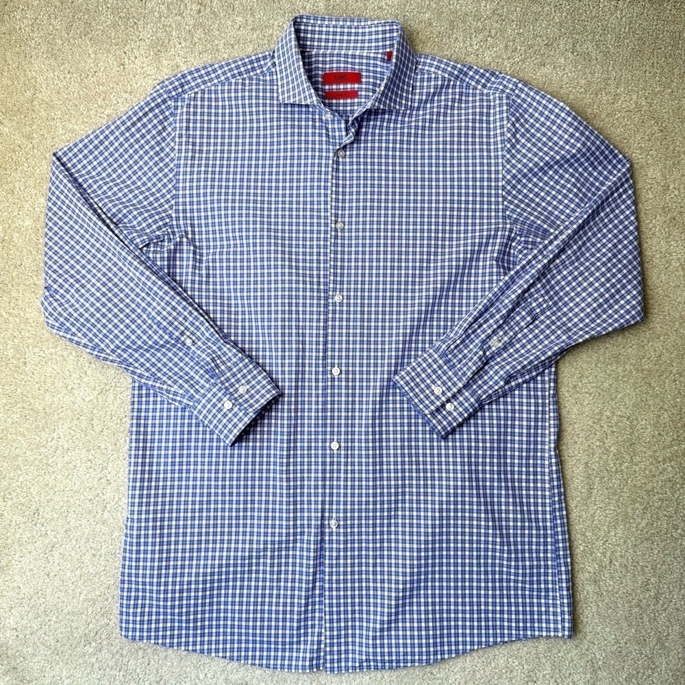 Hugo Boss Men’s Sharp Fit Long Sleeve Button Up Shirt Lilac Plaid Cotton Large